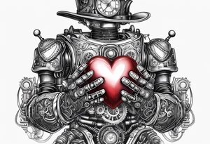 steampunk robot holding a beating heart in hands tattoo idea