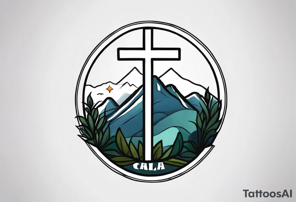 Cross with Mountains and the word "Cala" that is simple and small tattoo idea