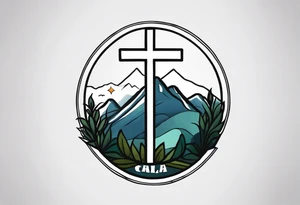 Cross with Mountains and the word "Cala" that is simple and small tattoo idea