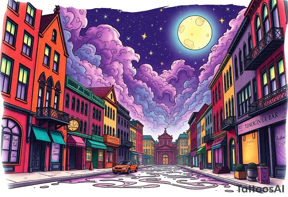Tim Burton’s time square from outside view is the street abandoned and dripping with muted reds, dusty pinks, and eerie green glow purple and cyan smokey clouds swirl and dance in the moonlit night sky filled with twinkling stars  tattoo idea tattoo idea