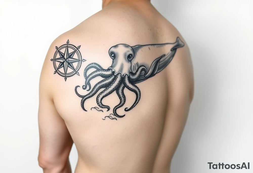 black and grey realistic full arm sleeve consisting of Compass Rose on the inner forearm as a focal point with loggerhead Turtles Swimming along the forearm, an Octopus Wrapping its tentacles around the arm,  a large whale gliding through the bicep area, and waves acting as the background to tie everything together. tattoo idea