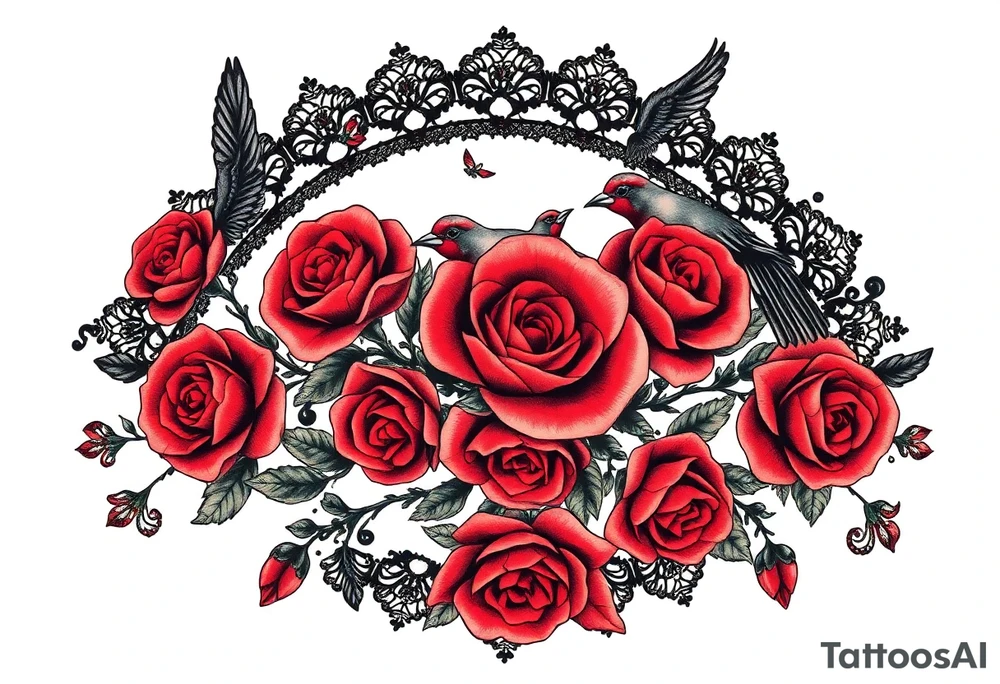 Vintage black lace, red roses, red birds, vintage, wrap around, tighter together, no space open tattoo idea