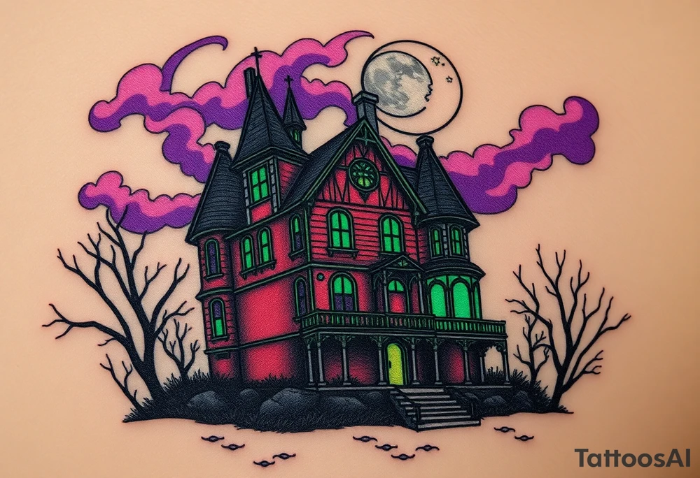 Tim Burton’s haunted victorian home is abandoned and dripping with muted reds, dusty pinks, and eerie green glow.purple and cyan smokey clouds swirl in the crescent moonlit sky thats sprinkled with stars tattoo idea tattoo idea