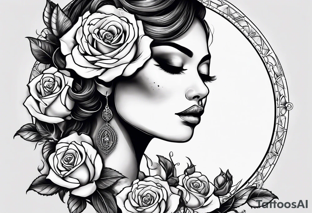 Hispanic/ Latin  woman GODDESS with half skull face, roses, loving heART, strength to move forward cancer zodiac , time heals all tattoo idea