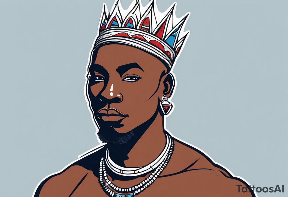 Black-skinned bald african warrior. He wears a simple and small silver crown. He uses two simple necklaces: one blue, other red. He has cowry shells in his crown tattoo idea
