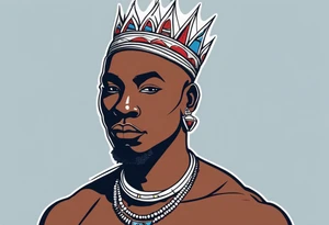 Black-skinned bald african warrior. He wears a simple and small silver crown. He uses two simple necklaces: one blue, other red. He has cowry shells in his crown tattoo idea