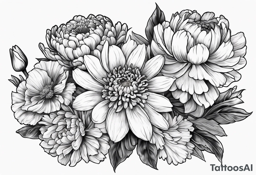 Three Flowers: marigold, chrysanthemum, narcissus tattoo idea