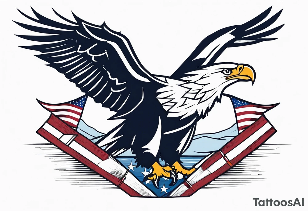 eagle flying in front of battleship holding American flag in beak tattoo idea