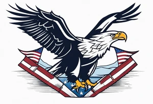 eagle flying in front of battleship holding American flag in beak tattoo idea