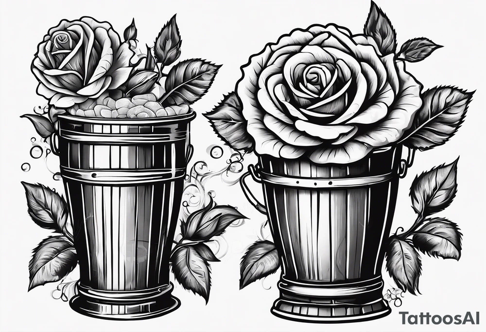 A bottle of beer and a stalk of rose in the bucket tattoo idea