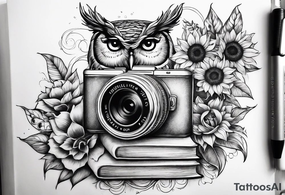 sunflower, camera, water wave, owl, book tattoo idea