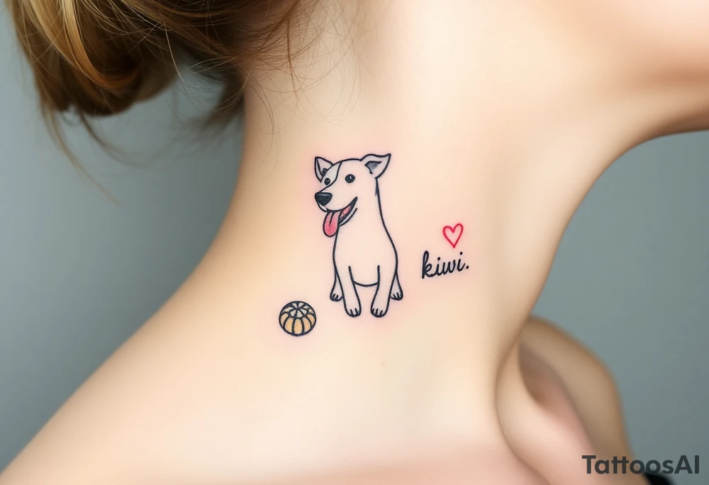 One line tattoo of female dog with white strip going up dog’s snout slightly off centered. With  toy and the dogs tongue slightly out and the name kiwi and an Aquarius them to it . Just the colors black  white brown with a small heart near by tattoo idea