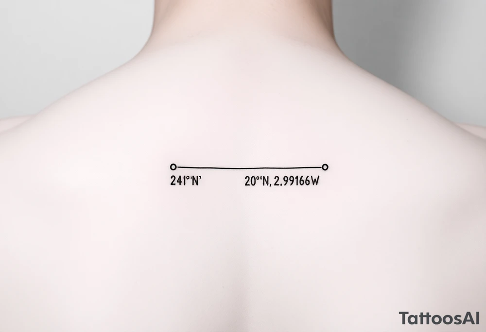 A minimal fine-line tattoo showing a straight thin timeline with two distinct dots. Under the first dot, place the coordinates "24°10′N, 20°16′E" and under the second, "53.4084°N, 2.9916°W". Keep the line and text subtle, clean, and modern. Optional: use tiny circle or dot above each coordinate to show moments in time. tattoo idea