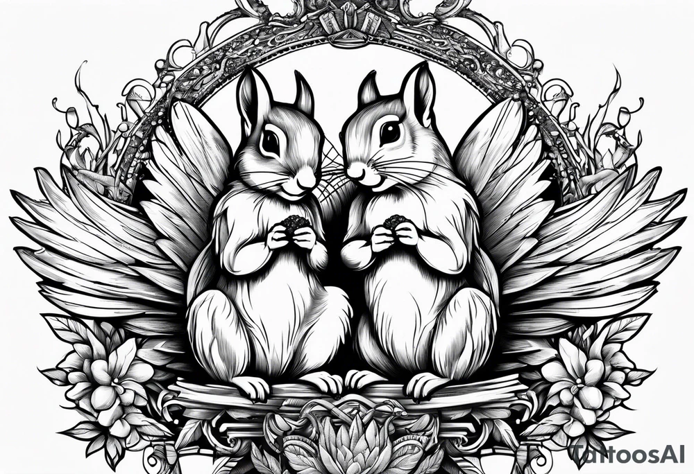 Squirrel with angel wings holding a nut tattoo idea