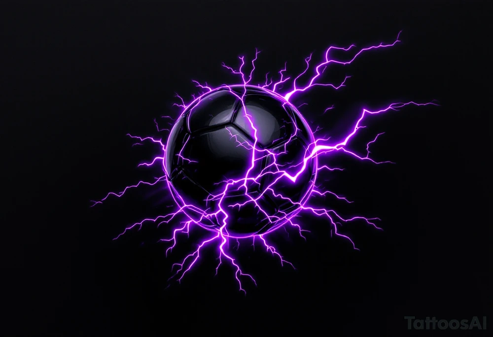 A black soccer ball with purple lightning bolts cracking across its surface. tattoo idea