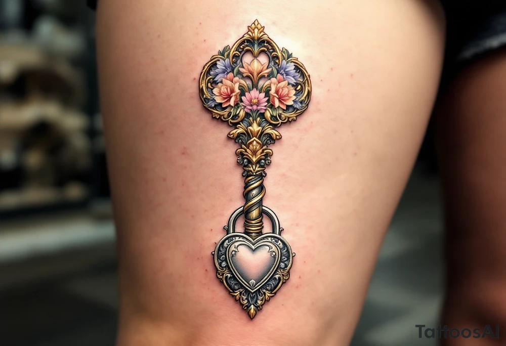 An ornate, vintage key adorned with detailed floral engravings along the shaft and a delicate heart-shaped lock at the base. Soft gold for the key, pastel pink and lavender for the flowers, and a subtle silver lock with hints of white highlights. tattoo idea