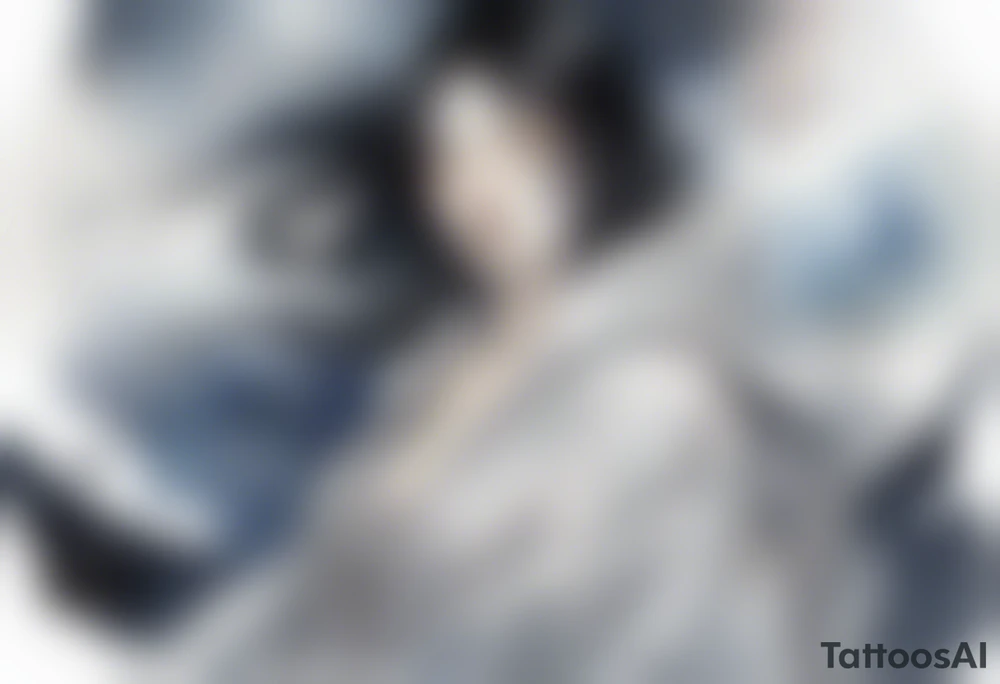 a middle aged woman with black hair with streak of white dressed in a black and silver cloak, floating in the night sky tattoo idea