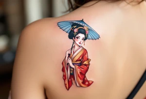 A traditional geisha in a vibrant red and gold kimono holding a delicate blue parasol. tattoo idea