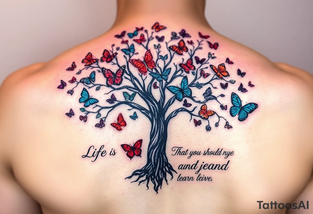 Colorful realistic tree of life with colors purple,red, turquoise,gray , black with 23 beautiful colorful butterflies and the words" Life is a journey that you should live and learn from. tattoo idea