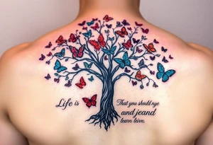 Colorful realistic tree of life with colors purple,red, turquoise,gray , black with 23 beautiful colorful butterflies and the words" Life is a journey that you should live and learn from. tattoo idea