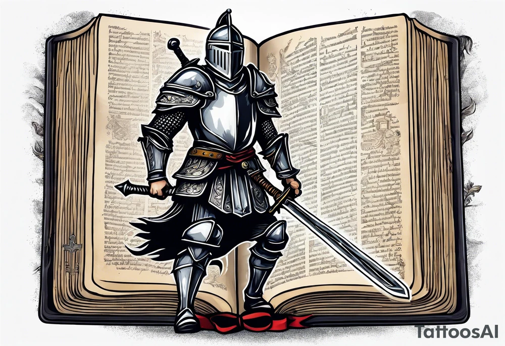 a knight pulling a sword out of an open bible tattoo idea