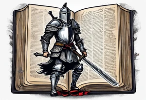a knight pulling a sword out of an open bible tattoo idea