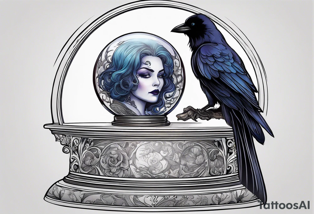 Madame leota in crystal ball on gothic stand with raven at side tattoo idea