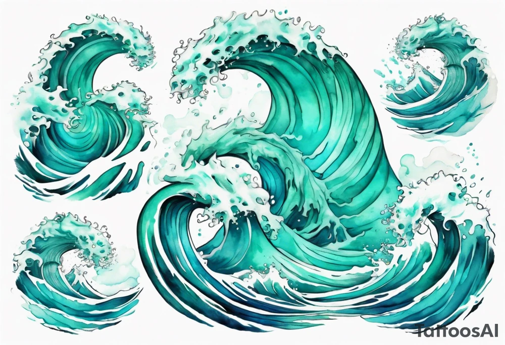 a beautiful chubby turquoise gorgon emerging from an ocean wave, crashing onto the shore tattoo idea