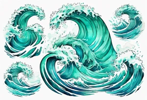 a beautiful chubby turquoise gorgon emerging from an ocean wave, crashing onto the shore tattoo idea