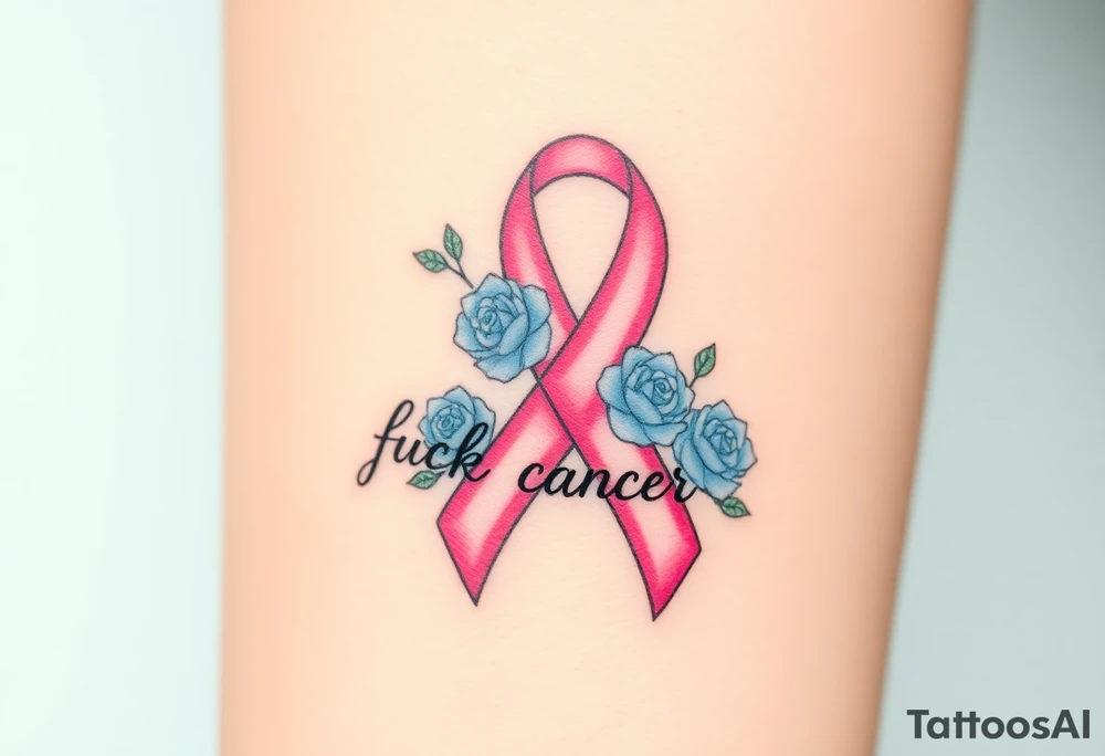 Pretty pink Cancer ribbon that says "fuck cancer"with 3 light blue
roses tattoo idea