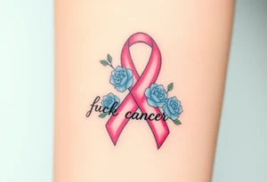 Pretty pink Cancer ribbon that says "fuck cancer"with 3 light blue
roses tattoo idea