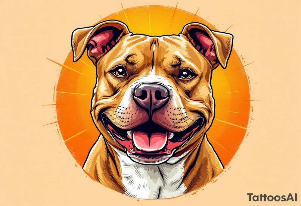 Portrait of a smiling pitbull, soft brown fur and white chest, playful expression, set against a sunburst background in warm orange tones. tattoo idea