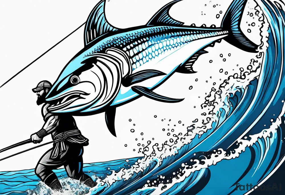 viking superhero catching a blue marlin with tuna jumping tattoo idea