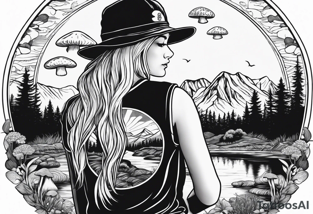 Whole picture encircled fully

Straight long blonde hair hippie girl in distance holding mushrooms in hand facing away toward mountains and creek surrounded by mushrooms long sleeve shirt and hiking pants; whole rendering within a full circle, no cut off circle tattoo idea