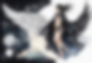 a beautiful 45 year old woman flying in the night sky with black wings, wearing a black and white cloak, bare feet tattoo idea