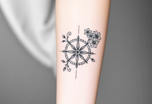 Compass with cursive letters with dot work flowers flowing above and below the compass tattoo idea
