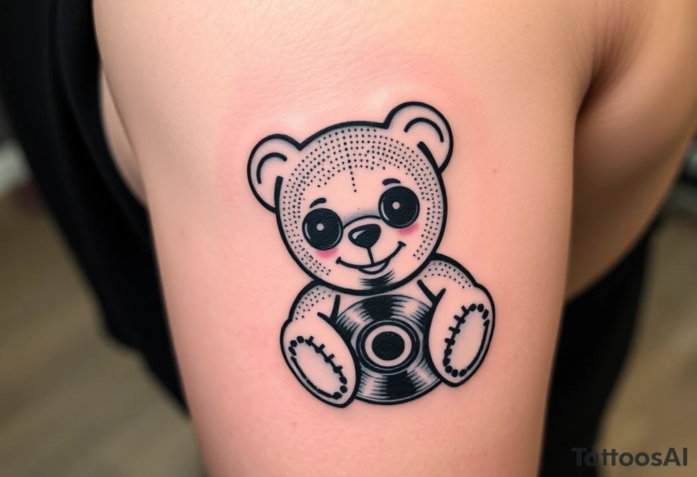 minimalist teddy bear with vinyl records as eyes smiling and sitting on a record tattoo idea