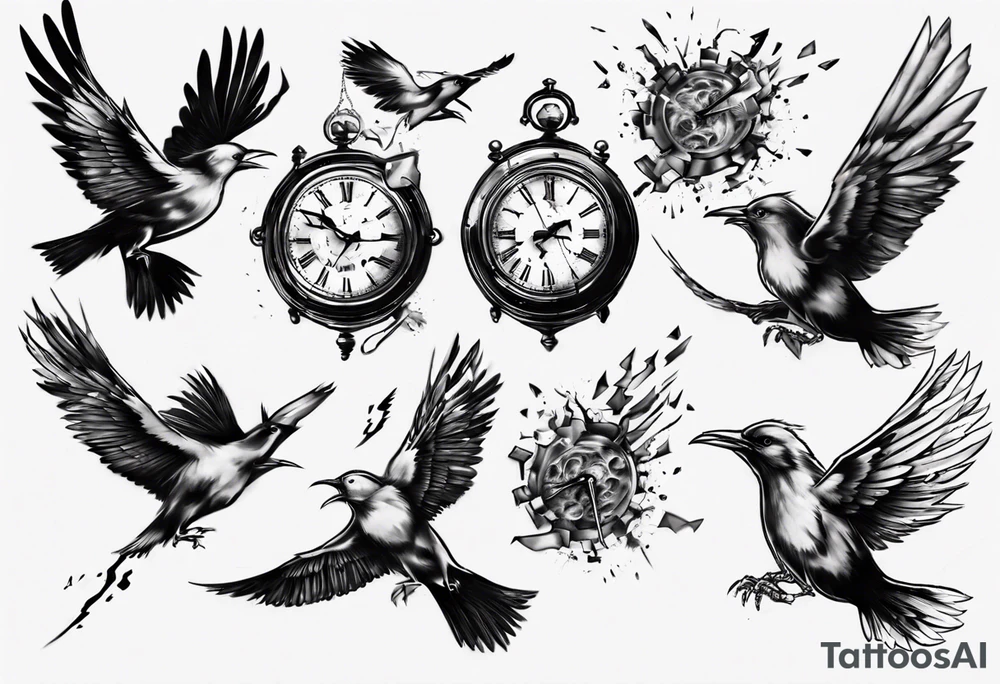 clock explodes and breaks it pieces becoming  birds tattoo idea