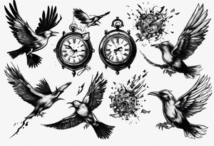 clock explodes and breaks it pieces becoming  birds tattoo idea