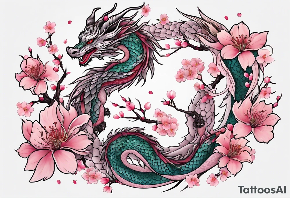 Delicate feminine simple dragon intertwined in cherry blossom, soft lines, soft dragon, pleasant dragon, beautiful cherry blossom tattoo idea