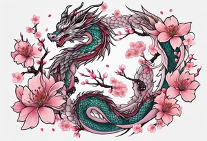 Delicate feminine simple dragon intertwined in cherry blossom, soft lines, soft dragon, pleasant dragon, beautiful cherry blossom tattoo idea