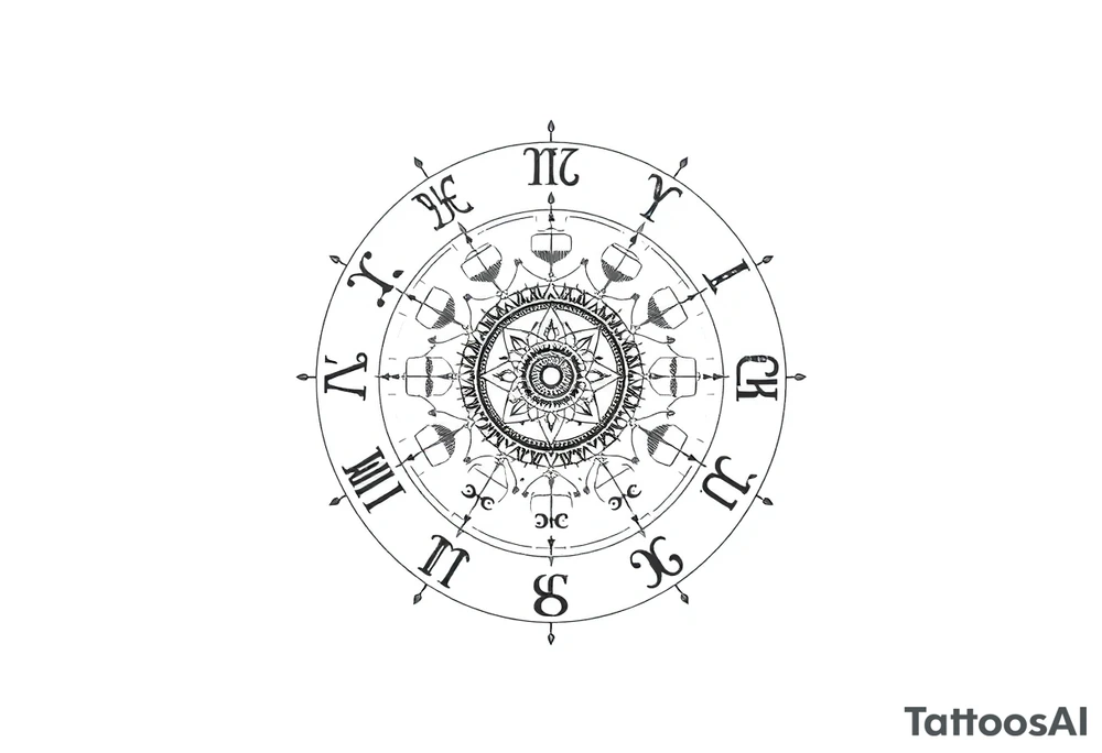 zodiac symbols and Norse runes within ornate clockwork mechanism tattoo idea