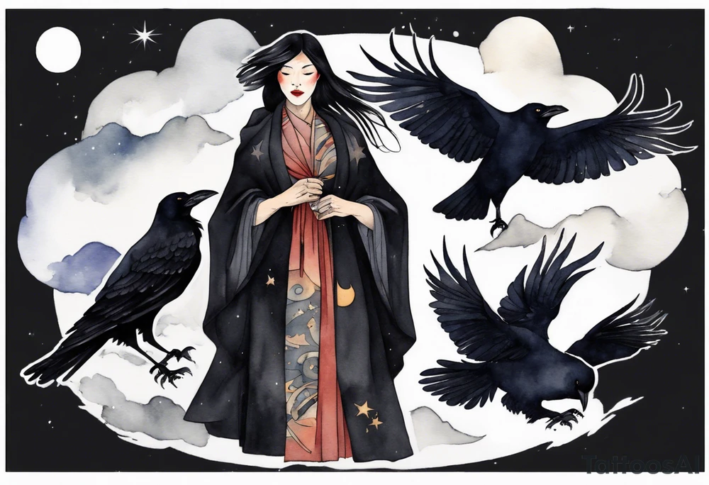 a beautiful 50-year-old Dakota woman wearing black cloak with ravens on her shoulders with the night sky in the background tattoo idea