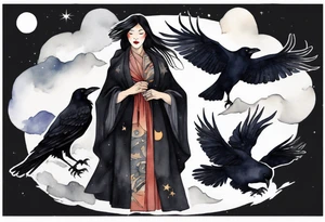 a beautiful 50-year-old Dakota woman wearing black cloak with ravens on her shoulders with the night sky in the background tattoo idea