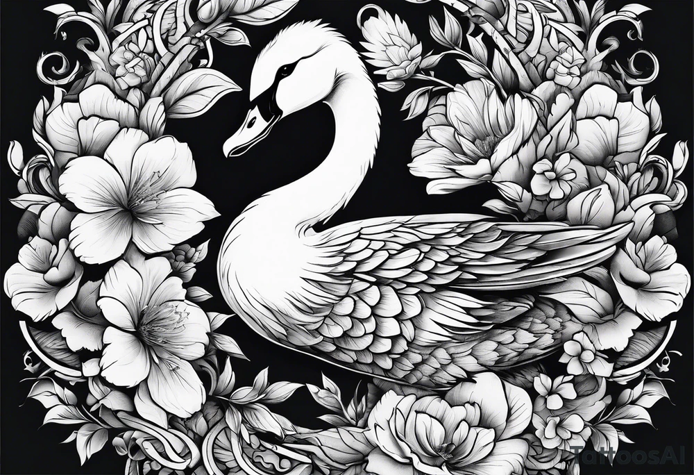 angry goose with flowers at the bottom tattoo idea