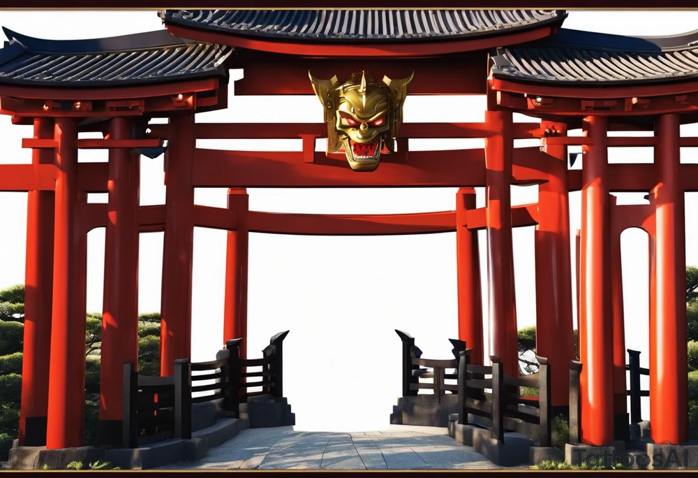 glimpse of torii gate in biomechanical style. 15% of size, placed in bottom 

Above the gate is a bust of Dominant demonic and formidable face with royal king features, has a slight evil grin and a devil fang teeth, similar to skull features, framed by deep-set glowing galaxy eyes, head has crown of prominent purple deep blue flames (Not standalone horns) with intricate recognizable swirling galaxy and peacock feather textures.

face has intricate swirling biomechanical tattoo texture. prominent colours are blue, violet, deep purple, with orange highlights.

face has braids hanging with feathers at end. tattoo idea