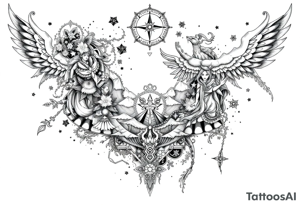 Black and white full-body tattoo concept in a unified, artistic composition. The design subtly blends together hidden elements from anime (Naruto, One Piece, etc.), ancient mythology (Norse, Greek), nature (trees, wind, mountains, water), angelic figures, and spiritual symbols. Each component is woven into the overall image like a visual puzzle – not all details are visible at first glance. The style should be intricate, flowing, and surreal, like a dreamlike mural across the body. The design must appear as one large cohesive artwork, made of soft shadows, fine linework, and smooth transitions tattoo idea