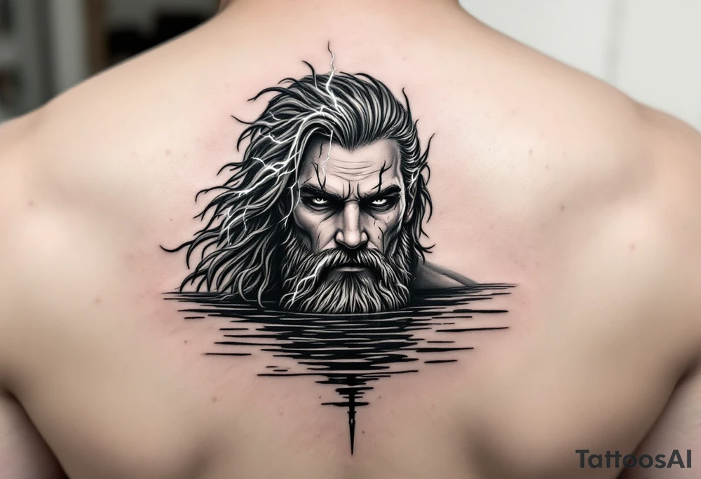 neptune with trident half way in calm water with lightning tattoo idea