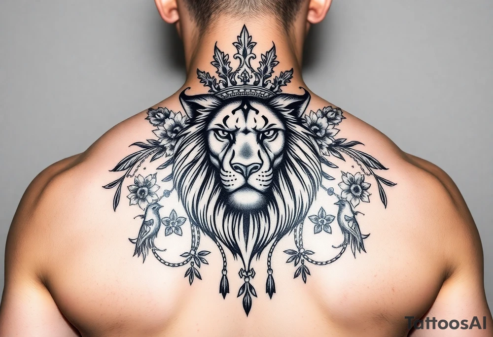 powerful majestic lion with a crown, surrounded by floral ornaments and birds tattoo idea