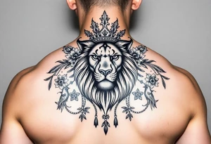 powerful majestic lion with a crown, surrounded by floral ornaments and birds tattoo idea